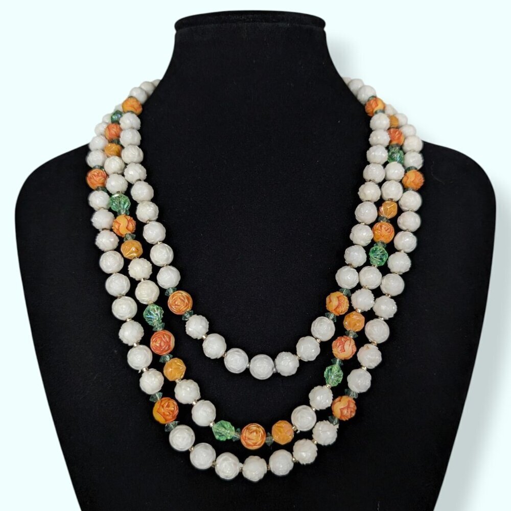Vintage 3-Strand Molded Lucite Floral Necklace